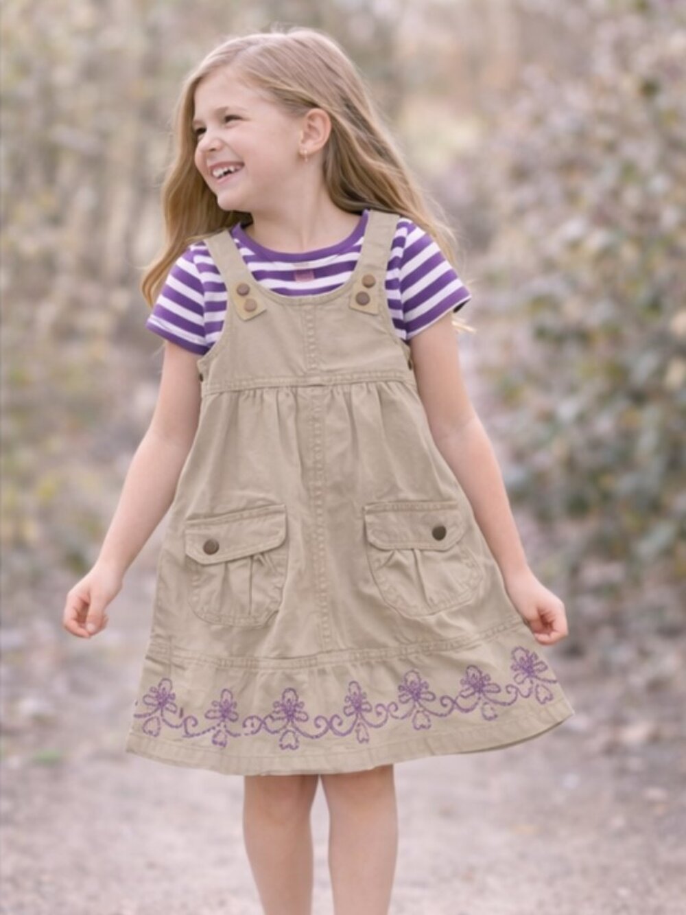 Vintage Faded Glory Girls Jumper Set Size 5 Khaki Dress Purple Stripe Shirt 2pc